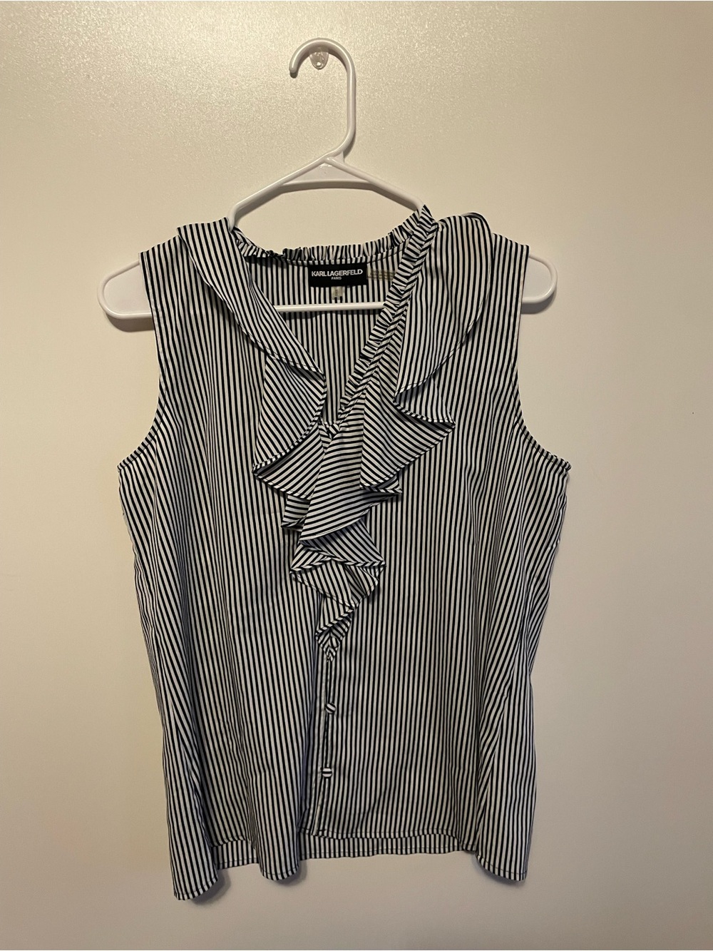 Karl Lagerfeld Black & White Vertical Stripe Ruffle Shell